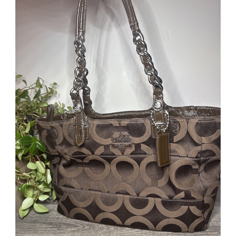 Coach 14133 Tribeca Op Art Sateen Tote Brown Signature Chain Shoulder Bag